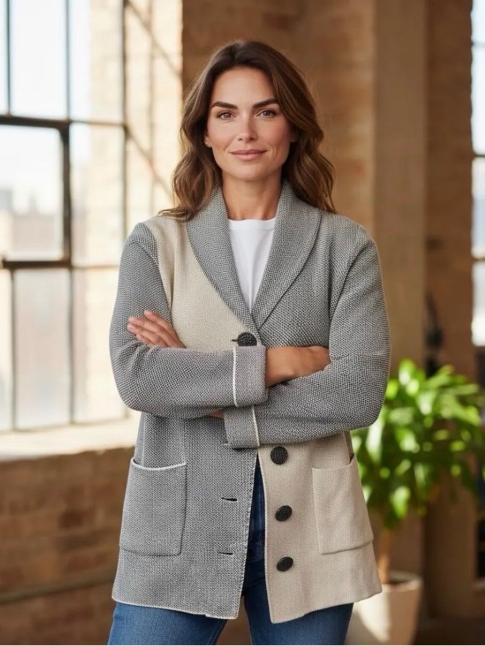 neon buddha Two-Tone Shawl Collar Knit Jacket in Gray & Cream